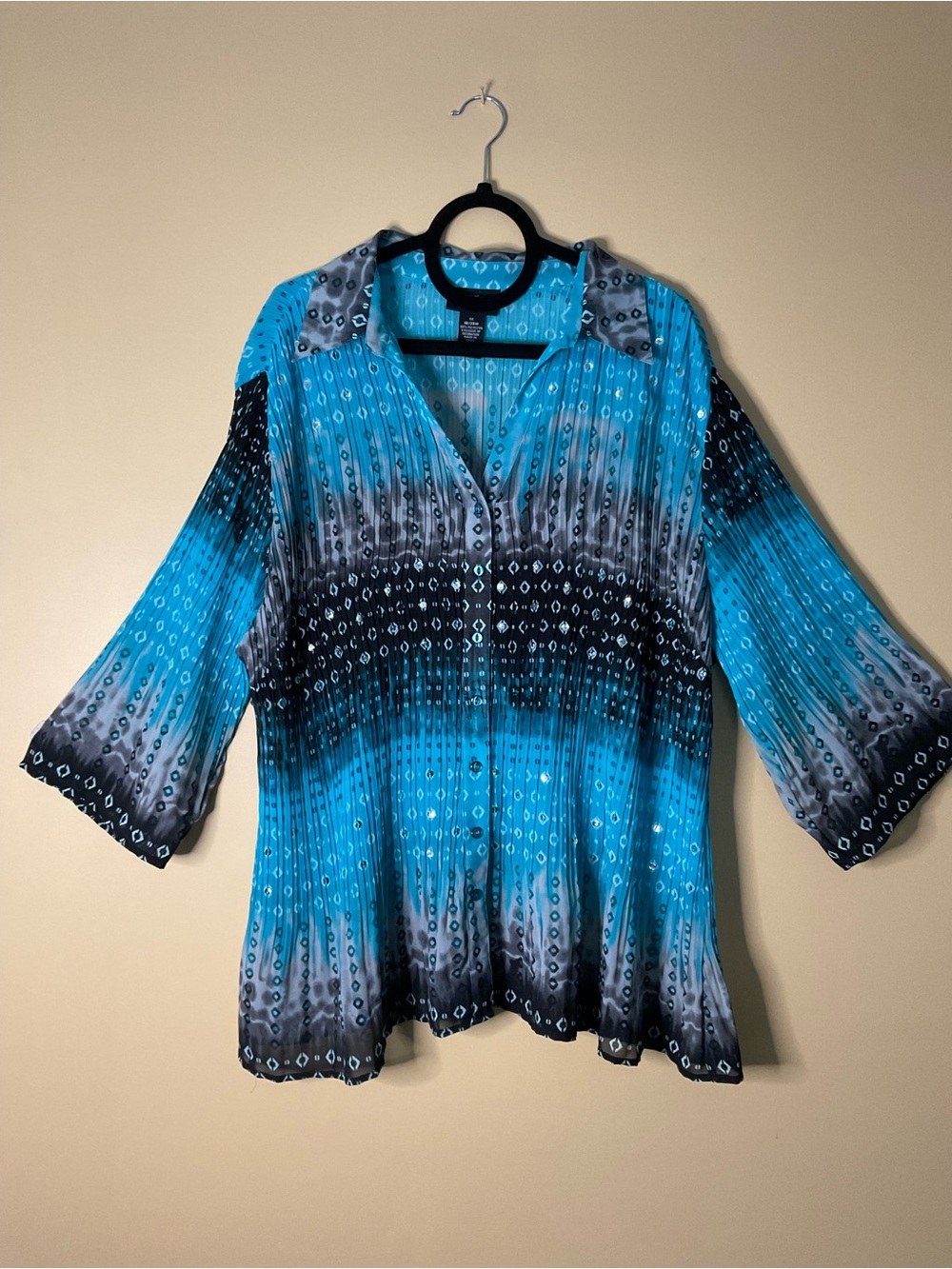 Maggie Barnes Turquoise Blue Ombre Patterned Button-Down Blouse
